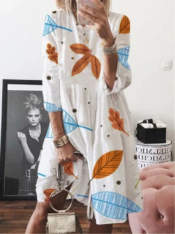 3/4 Sleeve Leaf Print High Waist Midi Dress