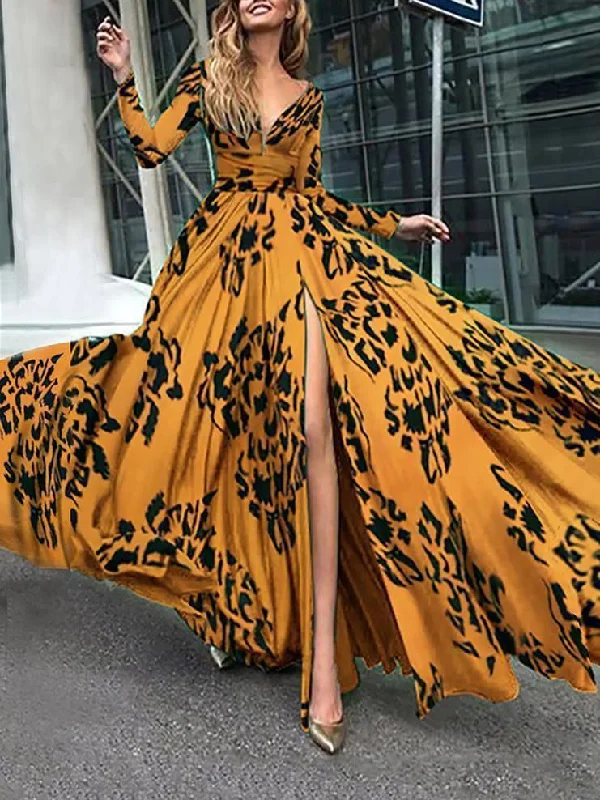 Deep V-neck Long-sleeved High-slit Evening Gown