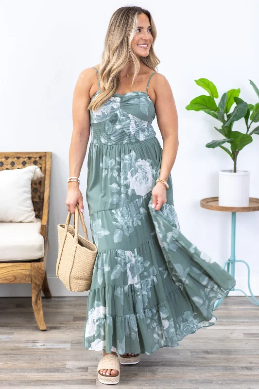 Dusty Sage Floral Spiral Tiered Maxi Dress