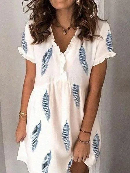 Feather Print Short Sleeve V-Neck Mini Dress