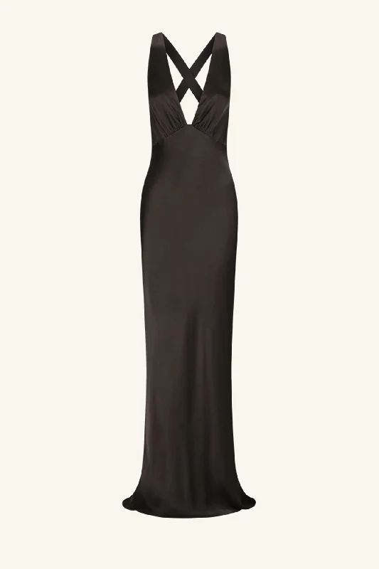 LA LUNE PLUNGED CROSS BACK MAXI DRESS - BLACK