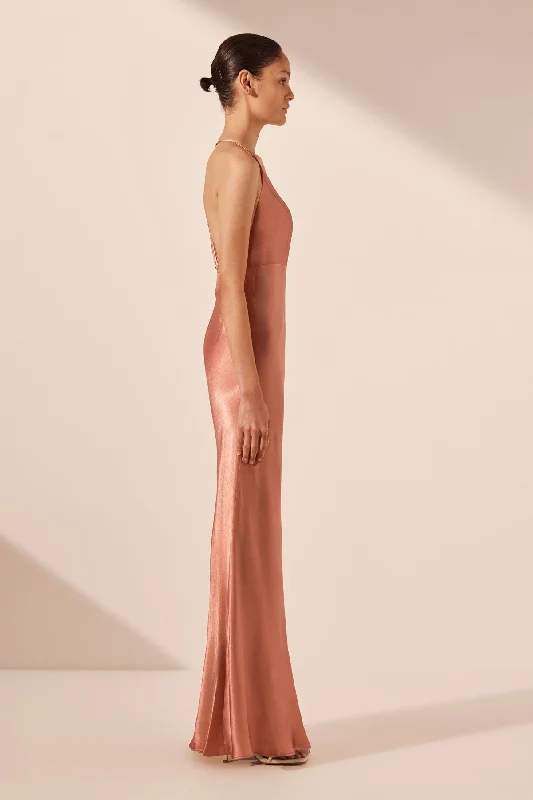 LA LUNE PLUNGED OPEN BACK HALTER MAXI DRESS - ANTIQUE ROSE