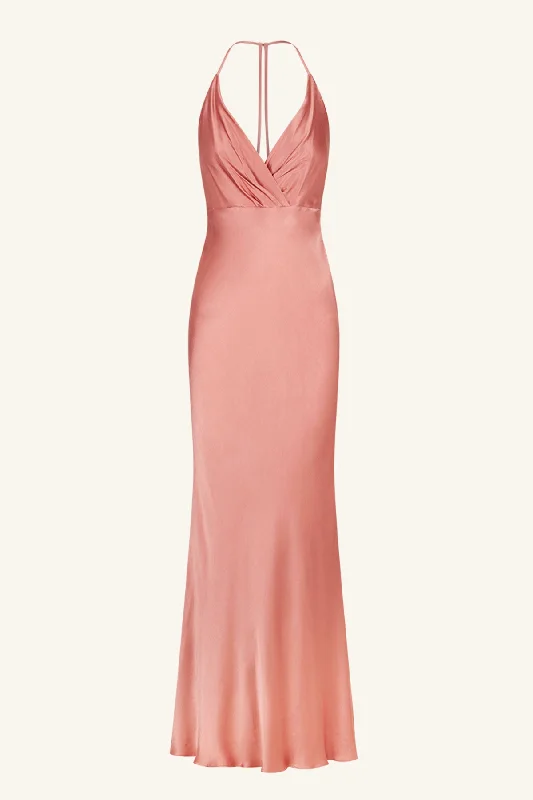 LA LUNE PLUNGED OPEN BACK HALTER MAXI DRESS - ANTIQUE ROSE