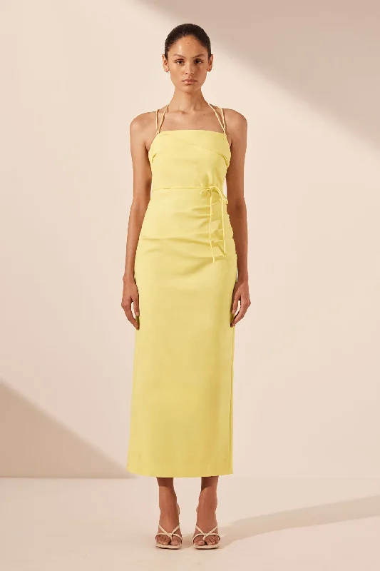 LANI DRAPED CROSS BACK MIDI DRESS - LEMON