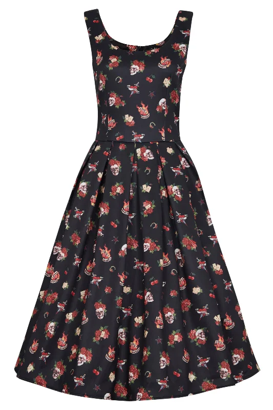 Amanda Rockabilly Skull & Rose Swing Dress