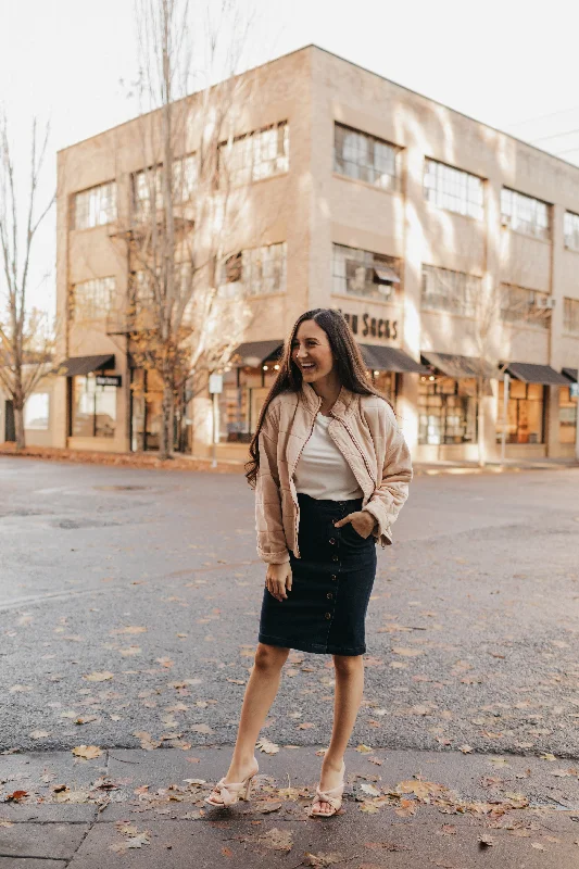 Side Button Denim Skirt in Dark Denim (Extended Sizing)