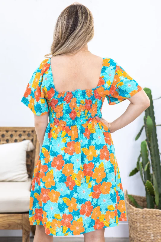 Turquoise and Orange Floral Smocked Dress