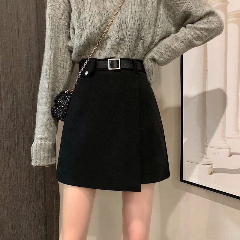 Black High-Waist A-Line Irregular Short Skirt Korean Style Casual Commuter Skirt