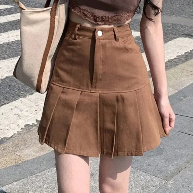 Low Waist Vintage Brown Preppy Style A-Line Mini Skirt Streetwear