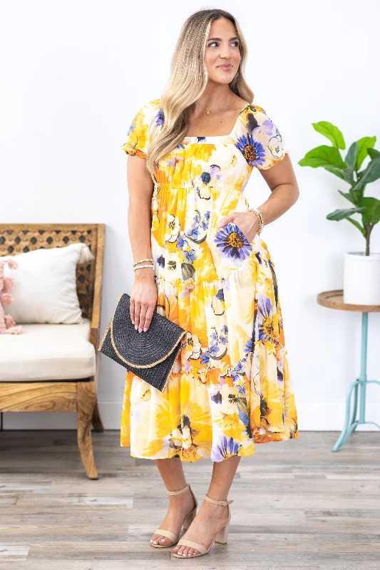 Yellow Floral Print Chiffon Midi Dress