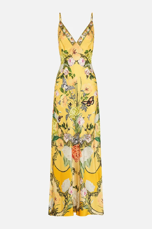 V NECK LONG BIAS SLIP DRESS WITH TRAIN PATHS OF GOLD