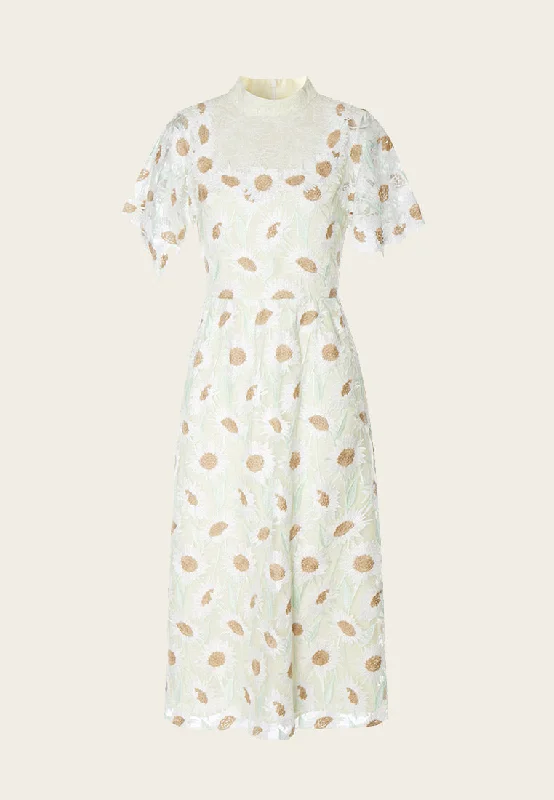 Chamomile Mix Lace Stand Collar Cocktail Dress