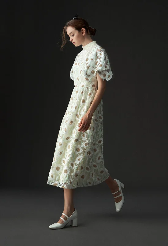 Chamomile Mix Lace Stand Collar Cocktail Dress