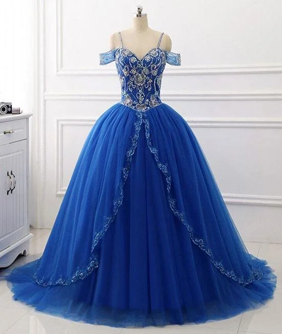 Blue sweetheart beads sequin long prom gown, blue evening dress M4807