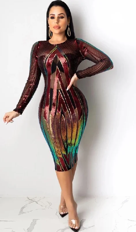 Mesh Sequin Design Long Sleeve O Neck Bodycon Midi Dress