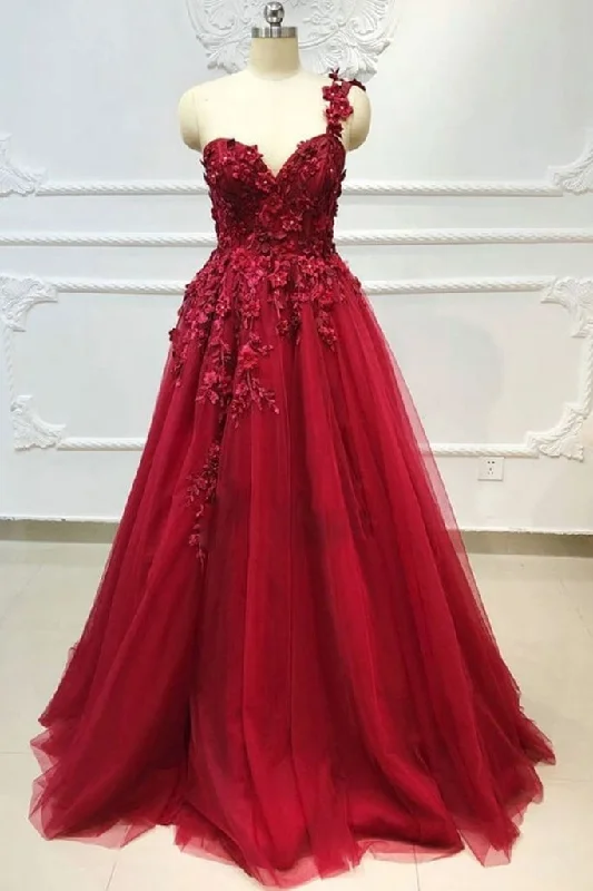 One Shoulder 3D Floral Burgundy Lace Long Prom Dress, Burgundy Lace Appliques Formal Graduation Evening Dress M2943