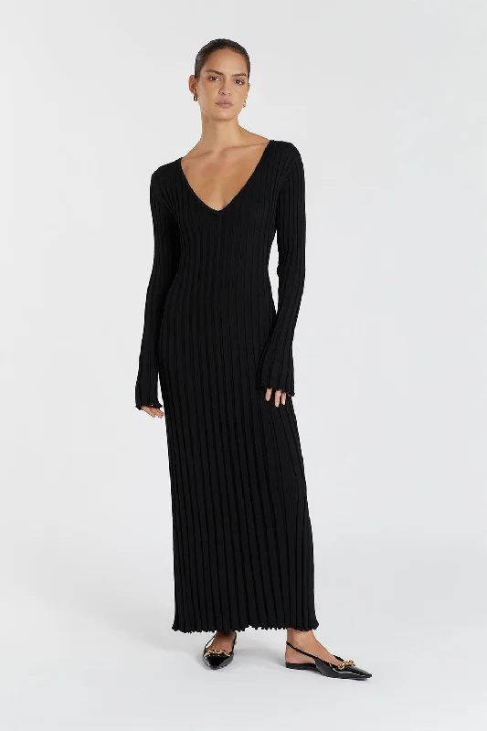 REIGN BLACK SLEEVED KNIT MIDI DRESS