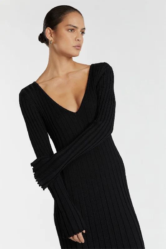 REIGN BLACK SLEEVED KNIT MIDI DRESS