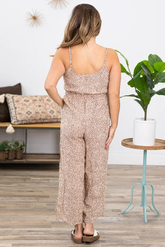 Beige and Brown Animal Print Wide Leg Jumpsuit