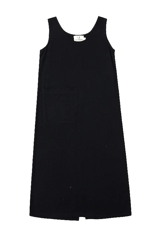 Big Pocket Black Linen Shift Midi Dress