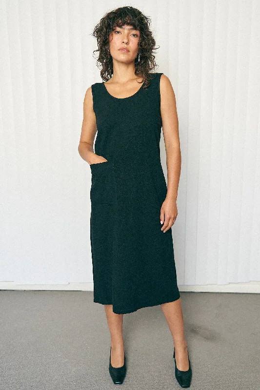 Big Pocket Black Linen Shift Midi Dress