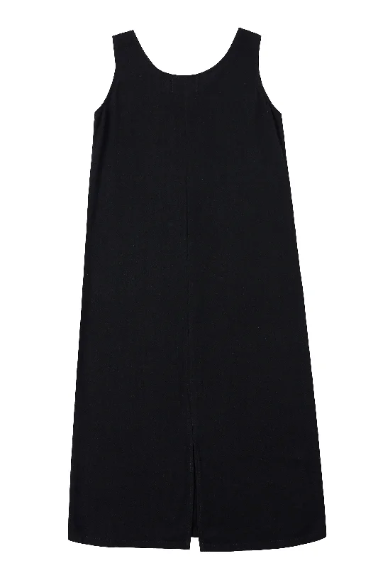 Big Pocket Black Linen Shift Midi Dress