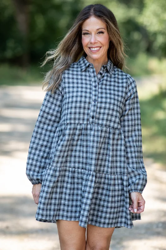 Black and Grey Gingham Long Sleeve Dress