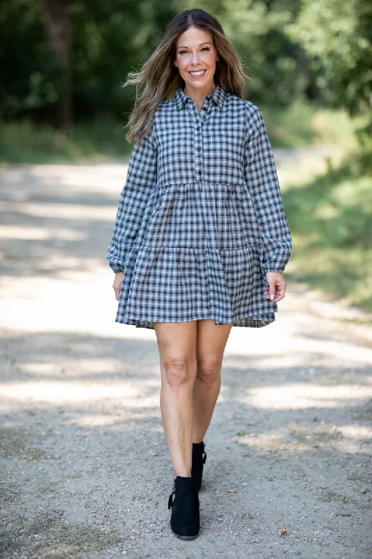 Black and Grey Gingham Long Sleeve Dress