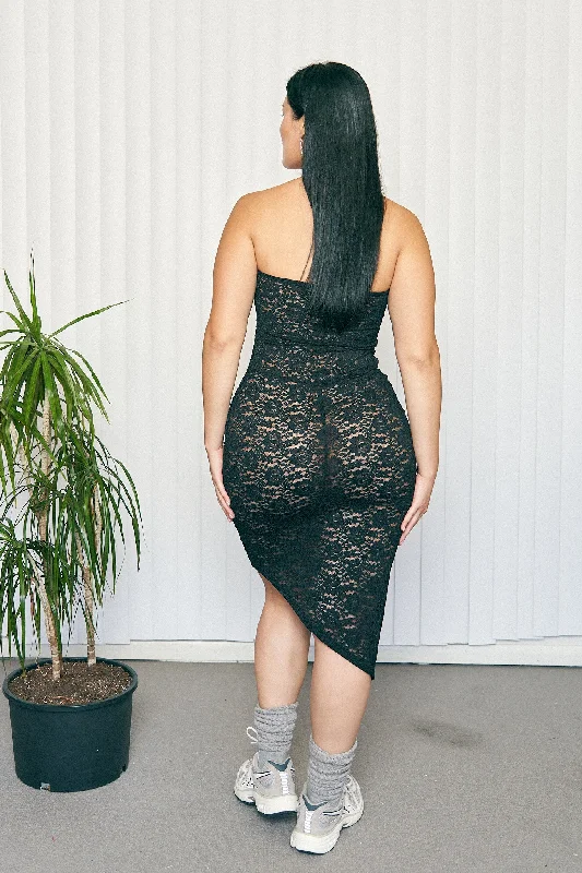 Black Rose Lace Asymmetrical Halter Dress