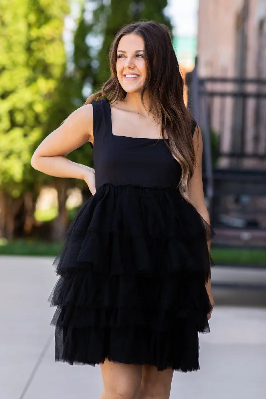 Black Square Neck Tulle Skirt Dress