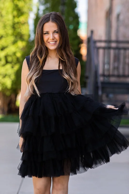 Black Square Neck Tulle Skirt Dress