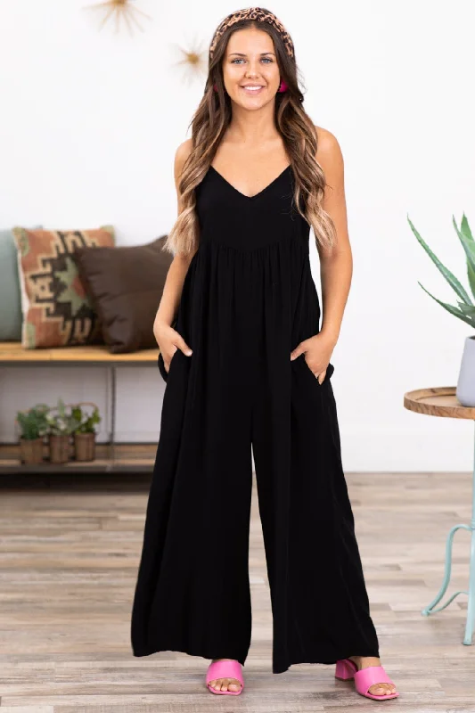 Black Wide Leg V-Neck Jumpsuit