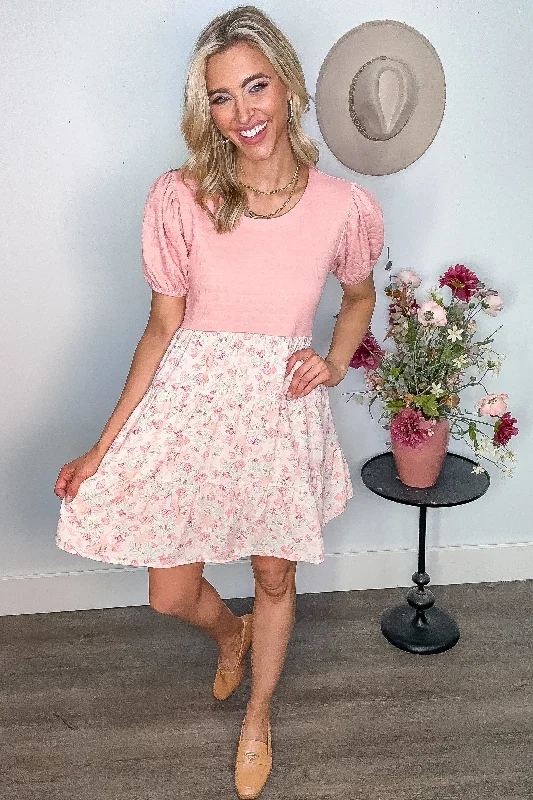 Dusty Rose Bodice Dress With Floral Skirt