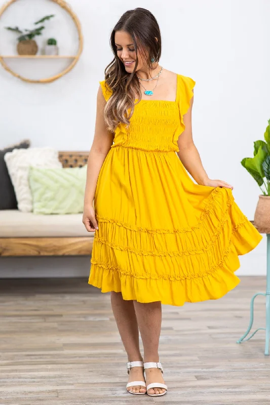 Golden Yellow Smocked Bodice Tie Back Dress