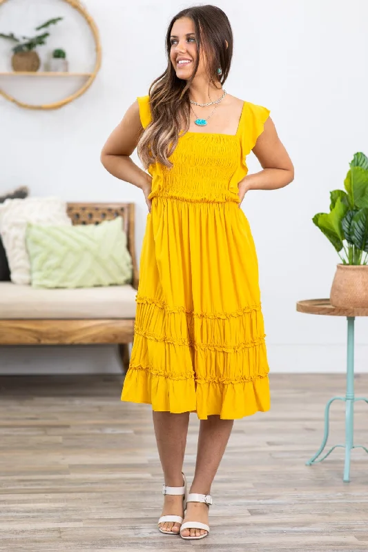 Golden Yellow Smocked Bodice Tie Back Dress