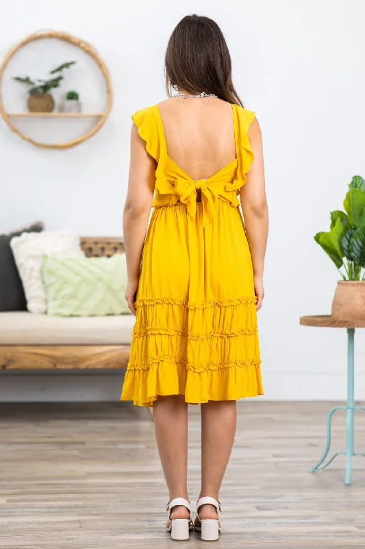 Golden Yellow Smocked Bodice Tie Back Dress