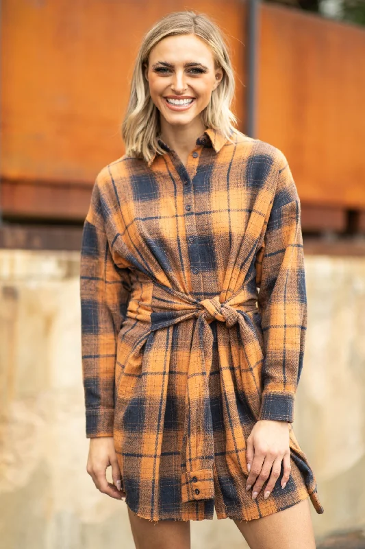 Orange and Navy Plaid Tie Waist Shirt Dress