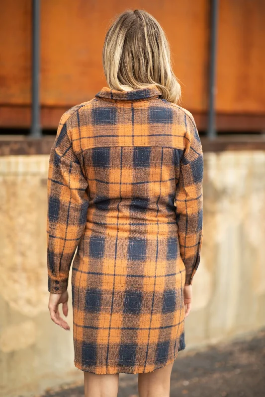 Orange and Navy Plaid Tie Waist Shirt Dress