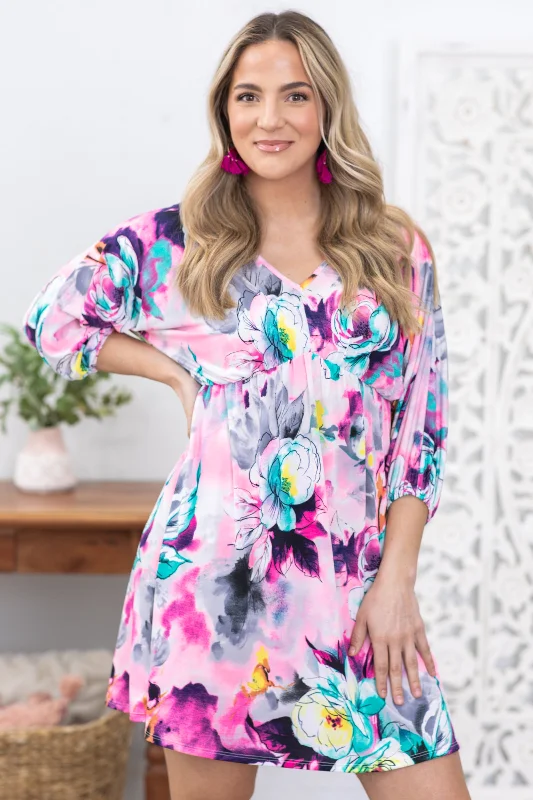 Purple Multicolor Half Sleeve Floral Dress