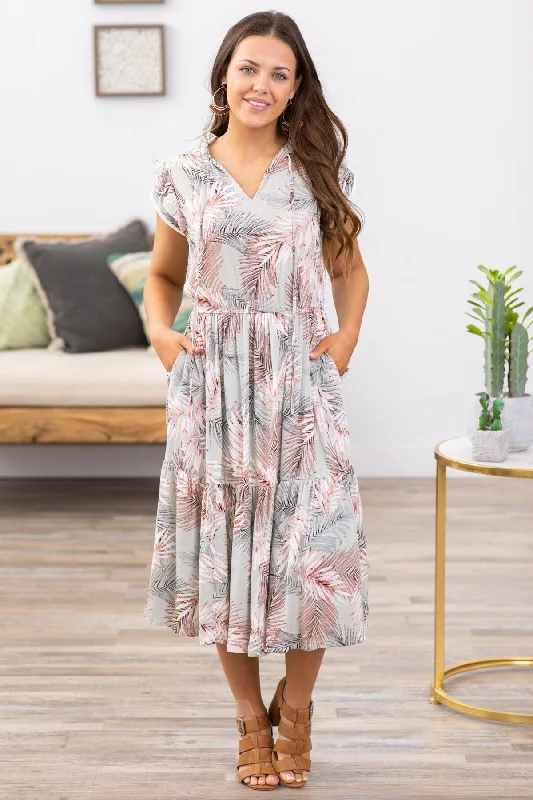 Sage and White Palm Print Cap Sleeve Dress