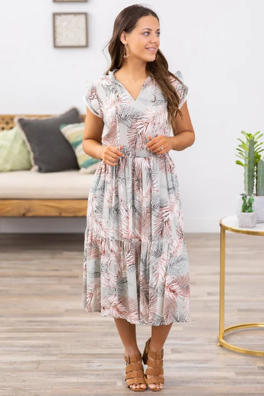 Sage and White Palm Print Cap Sleeve Dress