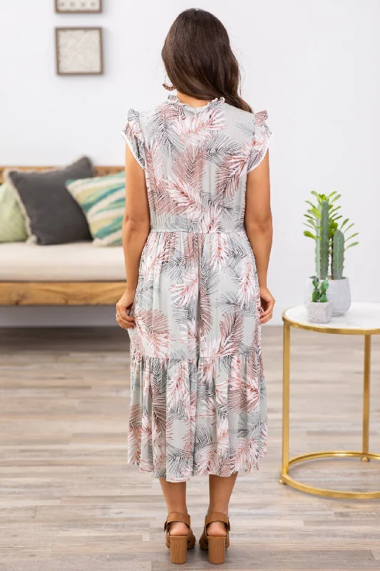 Sage and White Palm Print Cap Sleeve Dress