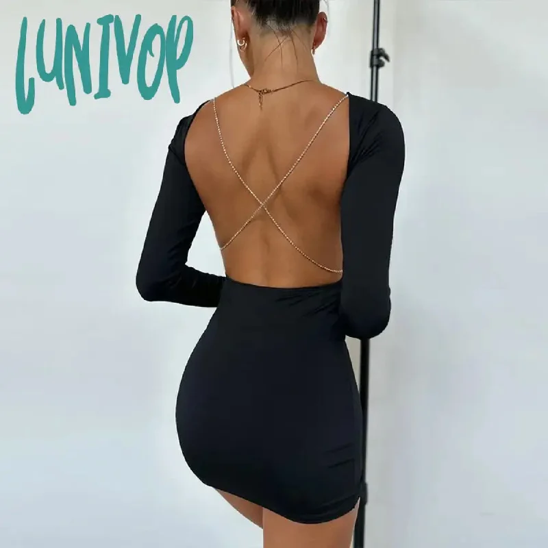 Lunivop Fashion Slinky Sexy Backless Chain Mini Dresses Party Club Outfits for Women Elegant Long Sleeve Bodycon Dresses