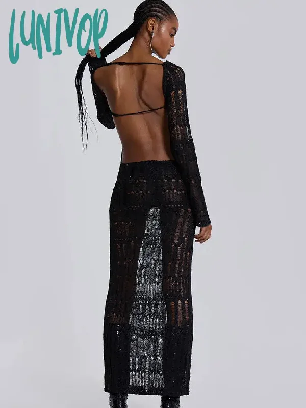 Lunivop Hollow Out Knitted Open Back Maxi Dresses Party Club Rave Festival Outfits Women Elegant Long Sleeve Sheer Dresses Summer Dress