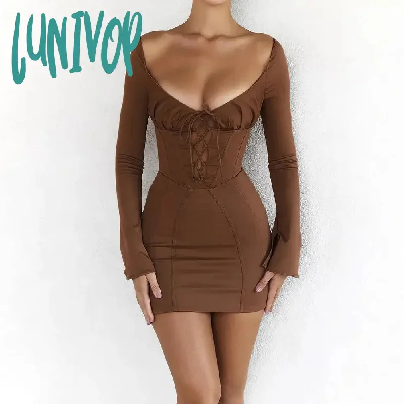 Lunivop Lace Long Sleeve Lace Up Dress Sexy Bodycon Birthday Day Holiday Party Dresses Mini Flare Sleeve Dresses Women