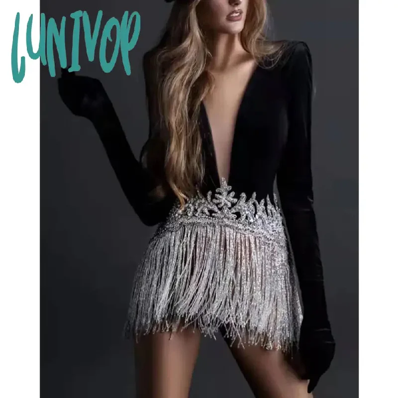 Lunivop Luxury Women Sexy Long Sleeve V Neck Mesh Tassel Glitter Black Mini Velvet Bodycon Dress 2024 Elegant Evening Party Club Dress