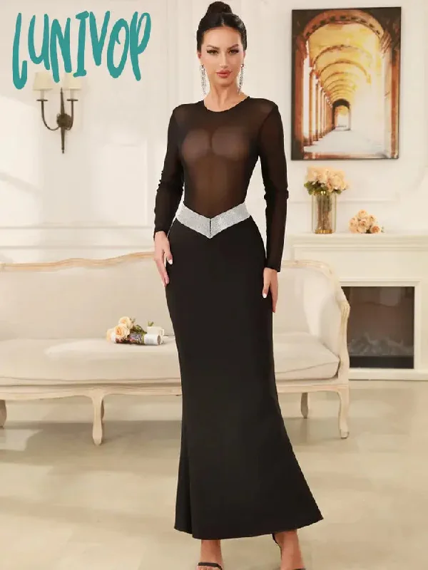 Lunivop New Women Celebrity Sexy Long Sleeve Turtleneck Mesh Black Maxi Long Bandage Dress 2024 Knitted Elegant Evening Club Party Dress