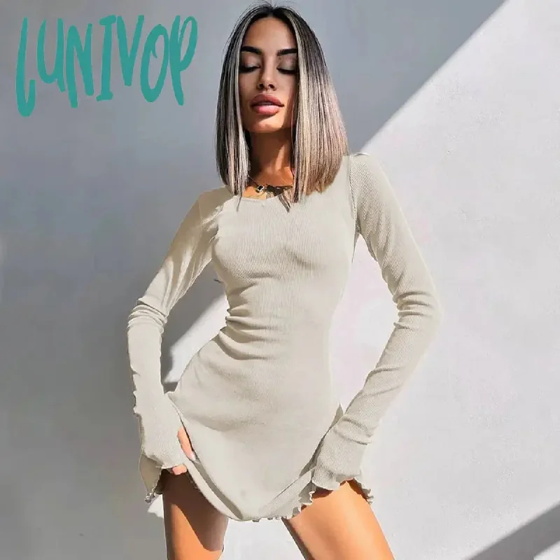 Lunivop Ribber O Neck Long Sleeve Mini A Line Dress Women Autumn Winter Skinny Casual Short Dresses Party Club Outfits Summer Dress