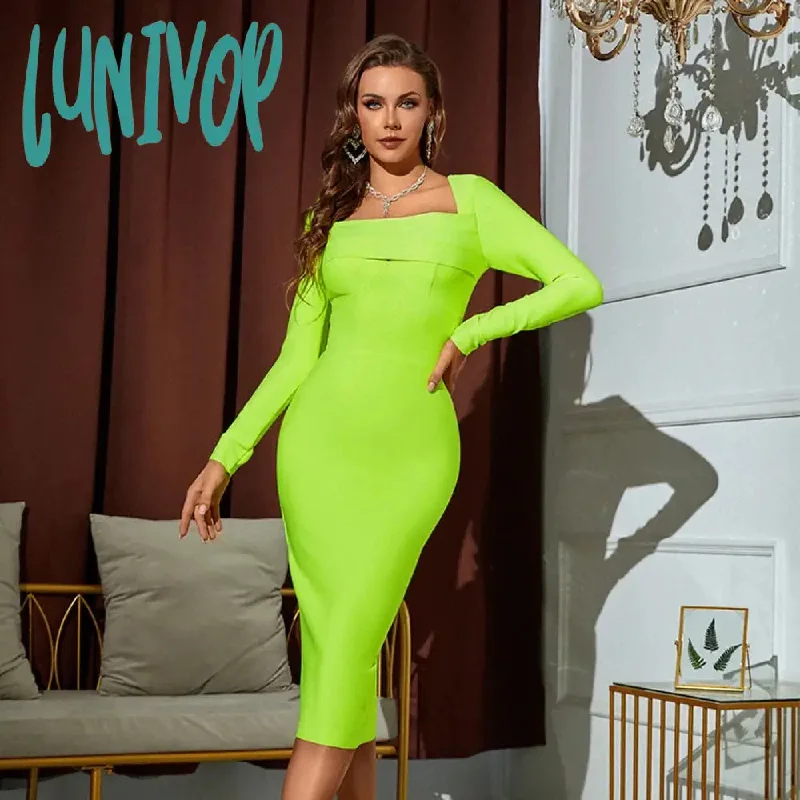 Lunivop Solid Nude Women Winter Style Sexy Long Sleeve Square Collar Green Midi Bodycon Bandage Dress Elegant Evening Party Dress