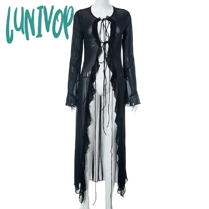 Lunivop Summer Black Sheer Mesh Beach Dress Women Elegant Sexy Lace-Up Cardigan Slim Maxi Dress Long Sleeve Holidays Party Dresses 2024